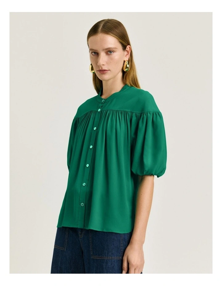 Viscose Georgette Gathered Blouse in Green image 3