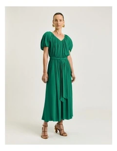 Viscose Georgette Gathered V Neck Dress
