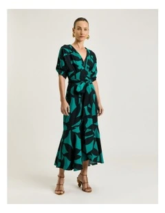 Jade Shadow Leaf Viscose Linen Midi Dress