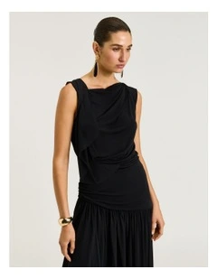 Slinky Jersey Draped Boat Neck Top in Black