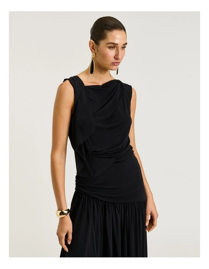 Slinky Jersey Draped Boat Neck Top in Black image 1