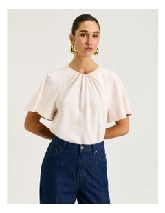 Drapey Viscose Twill Tucked Neck Tee Top in Champagne