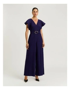 Drapey Viscose Twill V Neck Jumpsuit in Blue