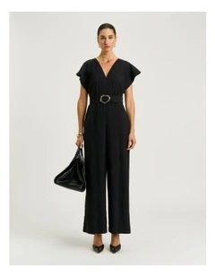 Drapey Viscose Twill V Neck Jumpsuit in Black
