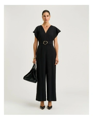 Drapey Viscose Twill V Neck Jumpsuit in Black