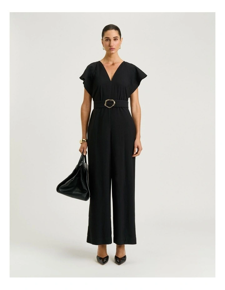 Drapey Viscose Twill V Neck Jumpsuit in Black image 1