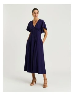 Drapey Viscose Twill Pin Tuck Midi Dress In Blue