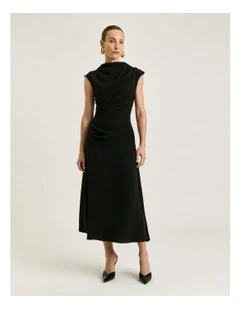 Double Crepe Draped Midi Dress in Black