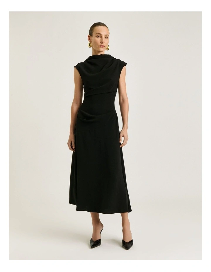 Double Crepe Draped Midi Dress in Black image 1