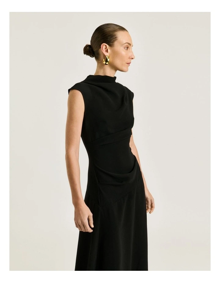 Double Crepe Draped Midi Dress in Black image 3