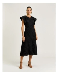 Climbing Vine Embroidery Midi Dress in Black