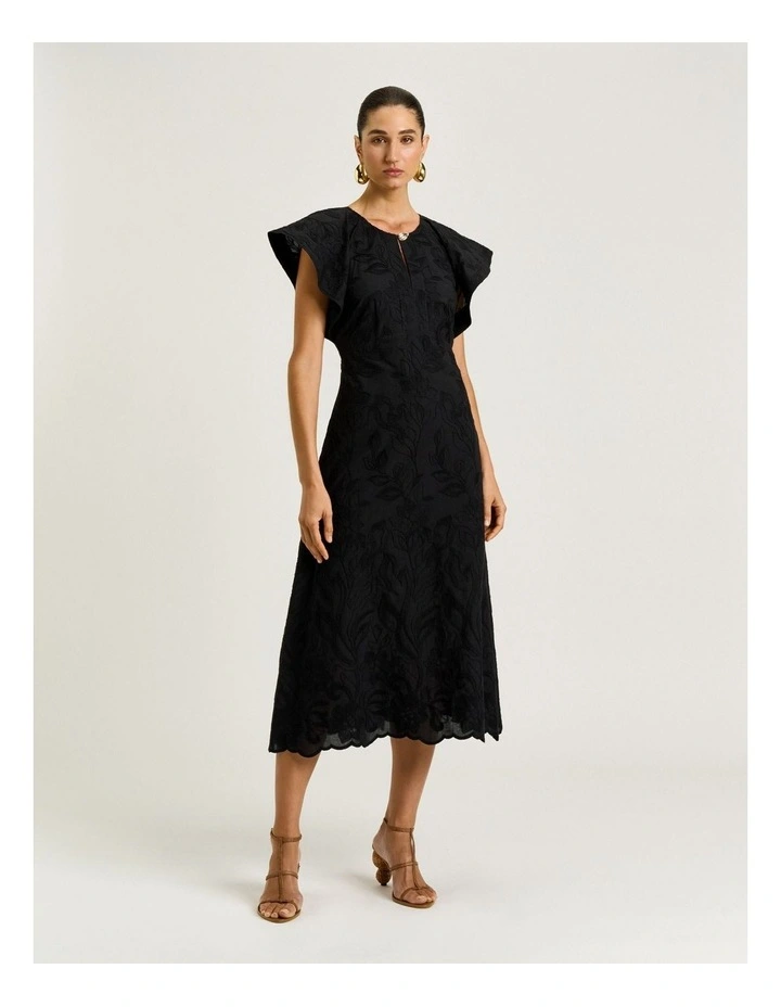 Climbing Vine Embroidery Midi Dress in Black image 1