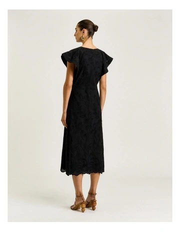 Climbing Vine Embroidery Midi Dress in Black