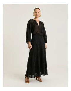 Palm Embroidery Maxi A-line Skirt in Black