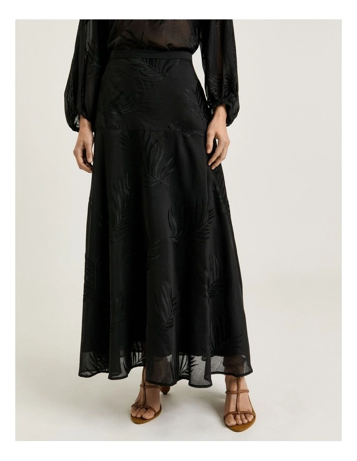 Palm Embroidery Maxi A-line Skirt in Black image 3
