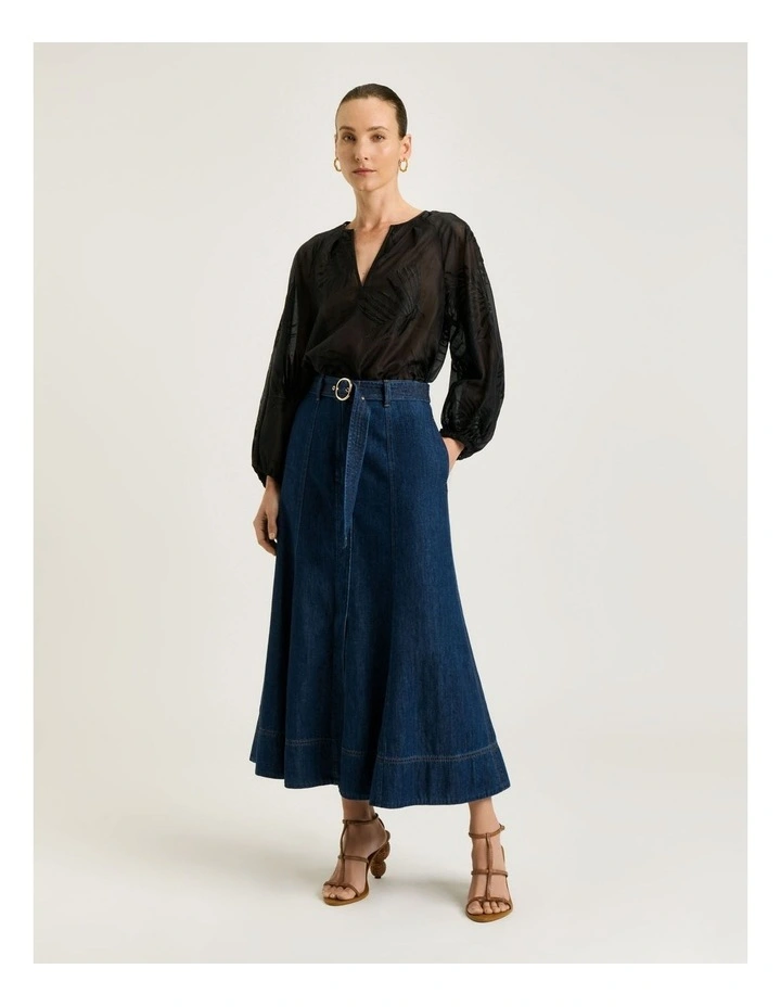 Palm Embroidery Blouson Sleeve Top in Black image 1