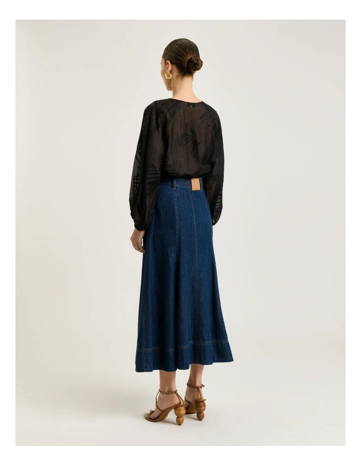 Palm Embroidery Blouson Sleeve Top in Black image 2