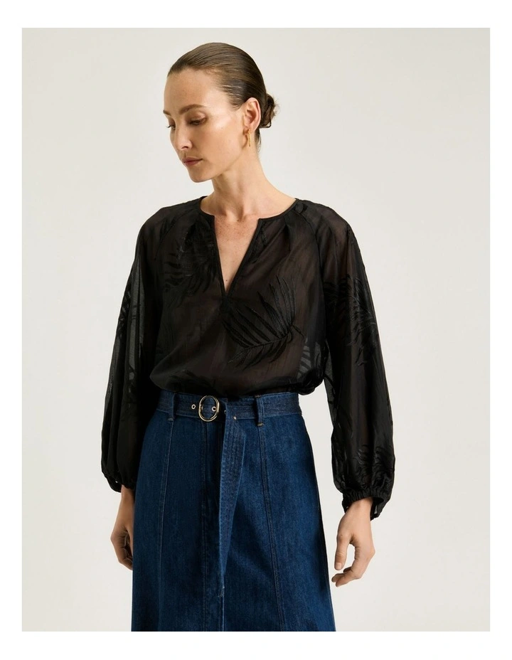 Palm Embroidery Blouson Sleeve Top in Black image 3