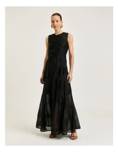 Palm Embroidery Empire Line Dress in Black