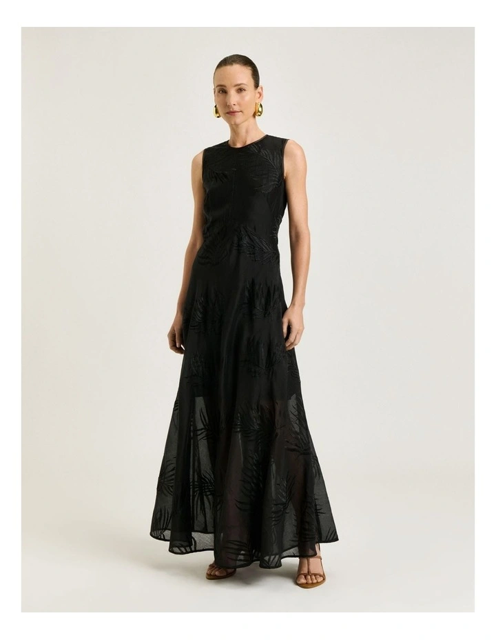 Palm Embroidery Empire Line Dress in Black image 1