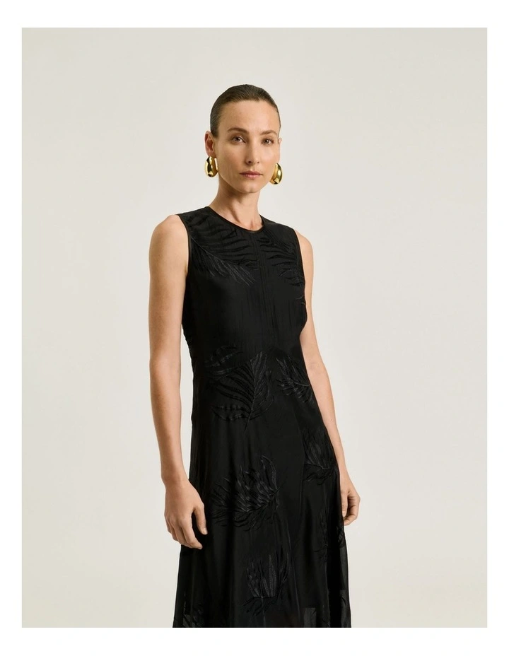 Palm Embroidery Empire Line Dress in Black image 3