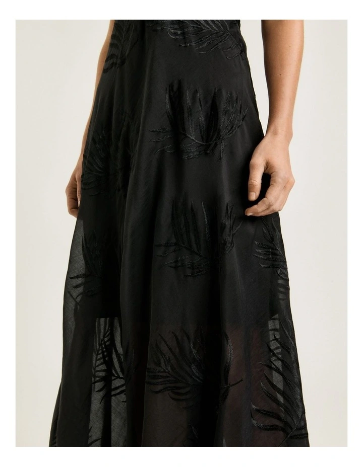 Palm Embroidery Empire Line Dress in Black image 4