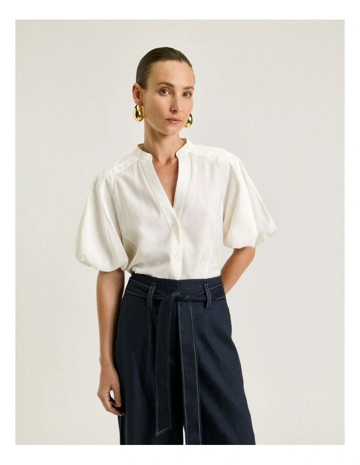 Drapey Modal Blend Blouson Sleeve Shirt in Ivory image 3