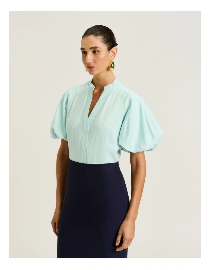 Drapey Modal Blend Blouson Sleeve Shirt in Green image 3