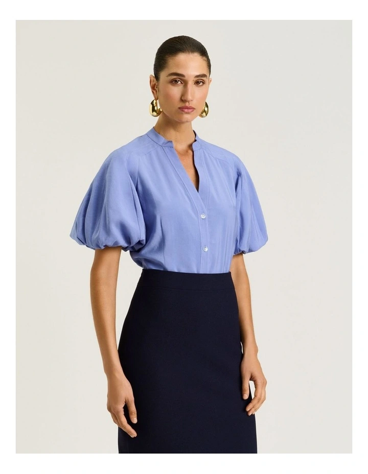 Drapey Modal Blend Blouson Sleeve Shirt in Blue image 3