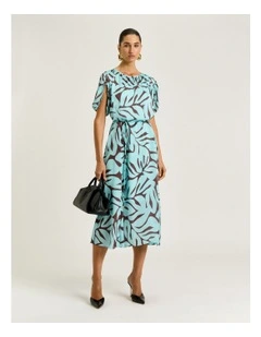 Mint Foliage Georgette Gathered Sleeve Midi Dress