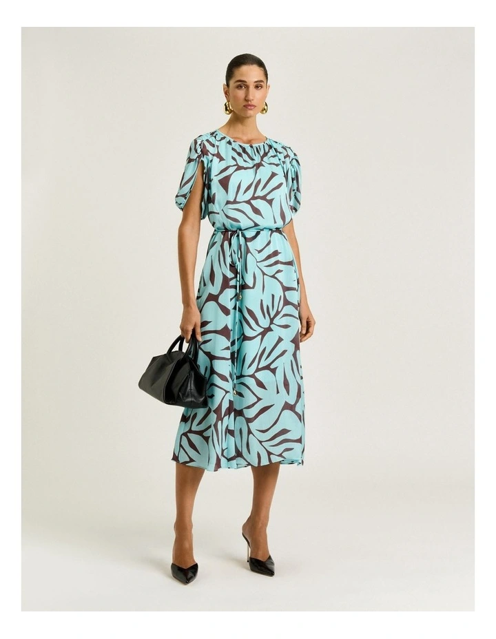 Mint Foliage Georgette Gathered Sleeve Midi Dress image 1