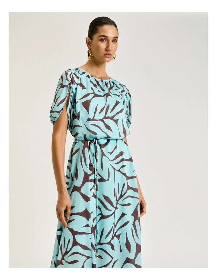 Mint Foliage Georgette Gathered Sleeve Midi Dress image 3