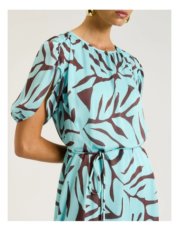Mint Foliage Georgette Gathered Sleeve Midi Dress image 4