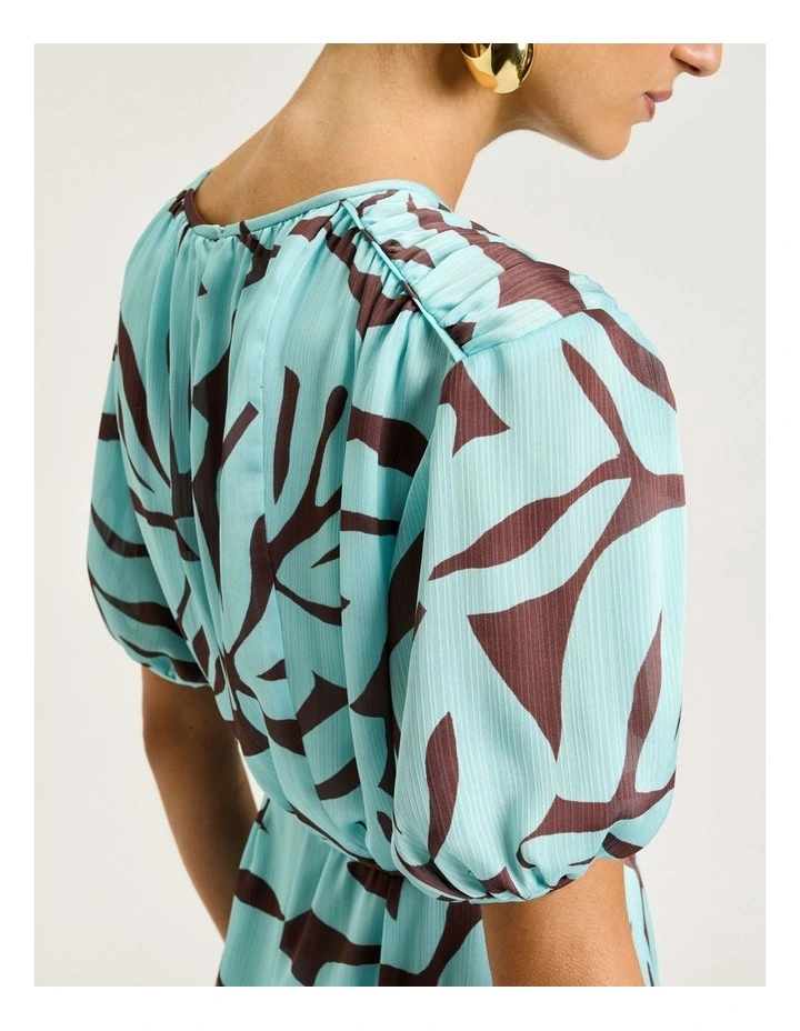 Mint Foliage Georgette Gathered Sleeve Midi Dress image 6
