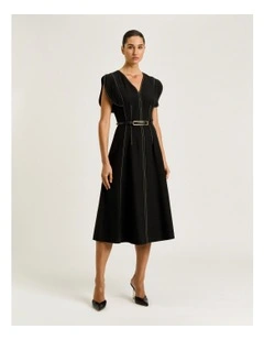 Satin Back Faille V-neck Panelled Midi Dress