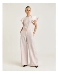 Satin Back Faille Belted Tuxedo Stripe Pant In Cream