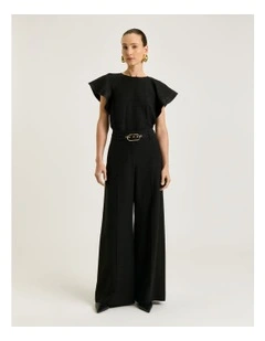 Satin Back Faille Belted Tuxedo Stripe Pant in Black