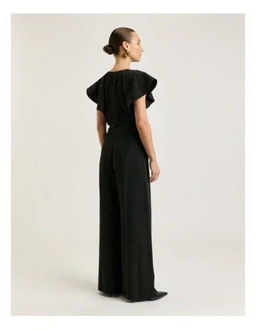 Satin Back Faille Belted Tuxedo Stripe Pant in Black