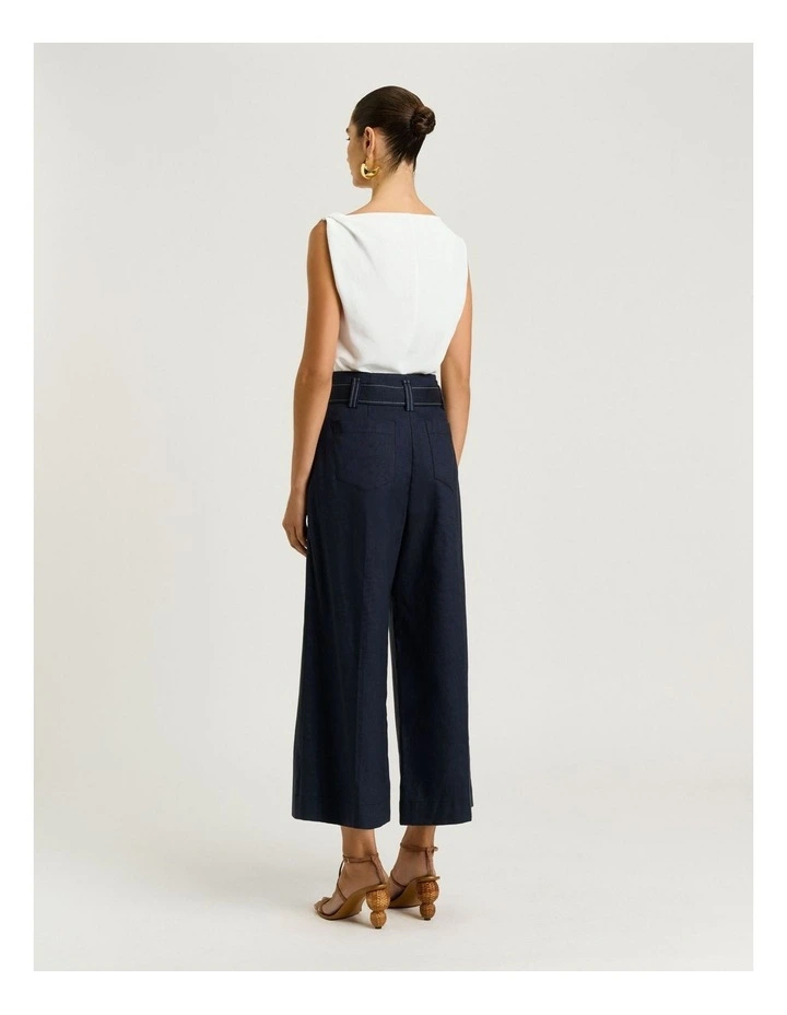 Denim Look Belted Cropped Pant in Blue image 2