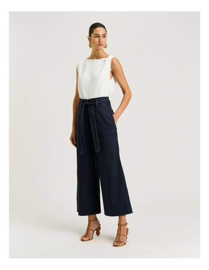 Denim Look Belted Cropped Pant in Blue image 5