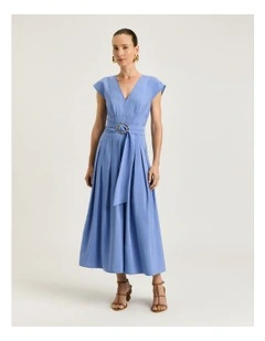 Drapey Modal Blend Belted Midi Dress in Blue