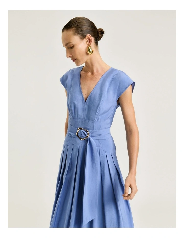 Drapey Modal Blend Belted Midi Dress in Blue image 3