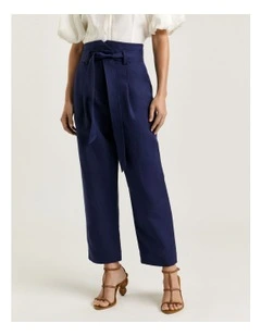 Linen Lyocell Blend Belted Tapered Pant in Blue