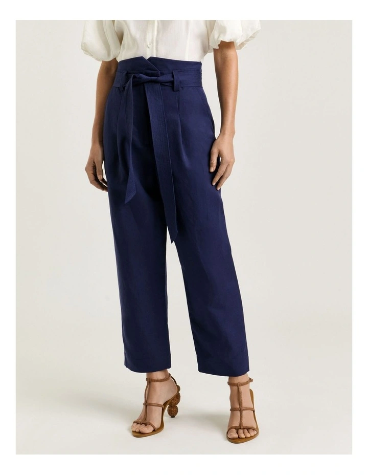 Linen Lyocell Blend Belted Tapered Pant in Blue image 1