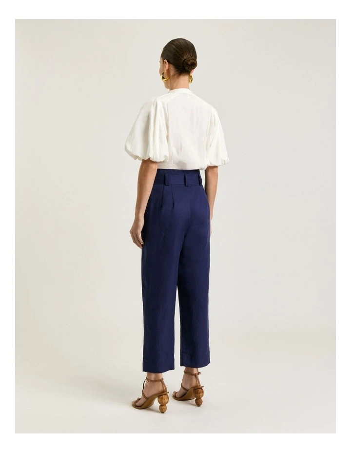 Linen Lyocell Blend Belted Tapered Pant in Blue image 2