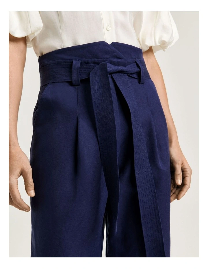 Linen Lyocell Blend Belted Tapered Pant in Blue image 3