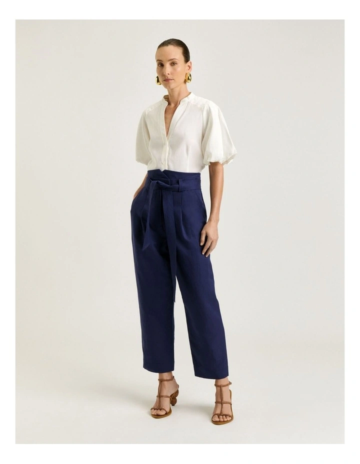 Linen Lyocell Blend Belted Tapered Pant in Blue image 4