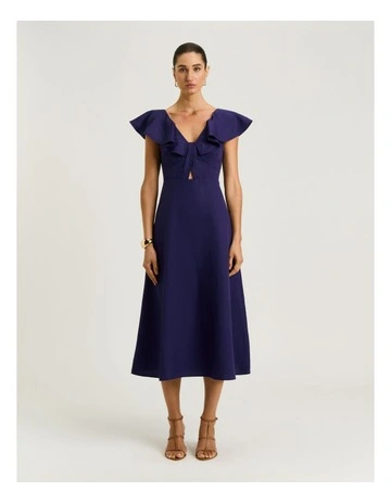 Linen Lyocell Blend Ruffle Neck Dress in Blue