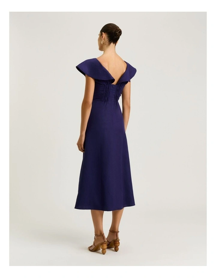 Linen Lyocell Blend Ruffle Neck Dress in Blue image 2