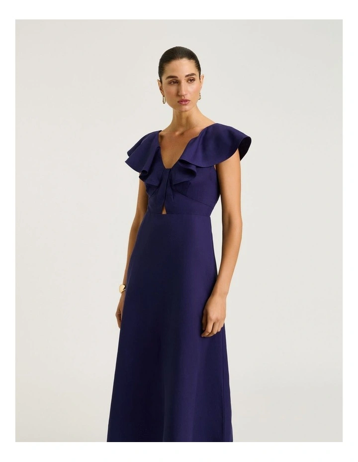Linen Lyocell Blend Ruffle Neck Dress in Blue image 3